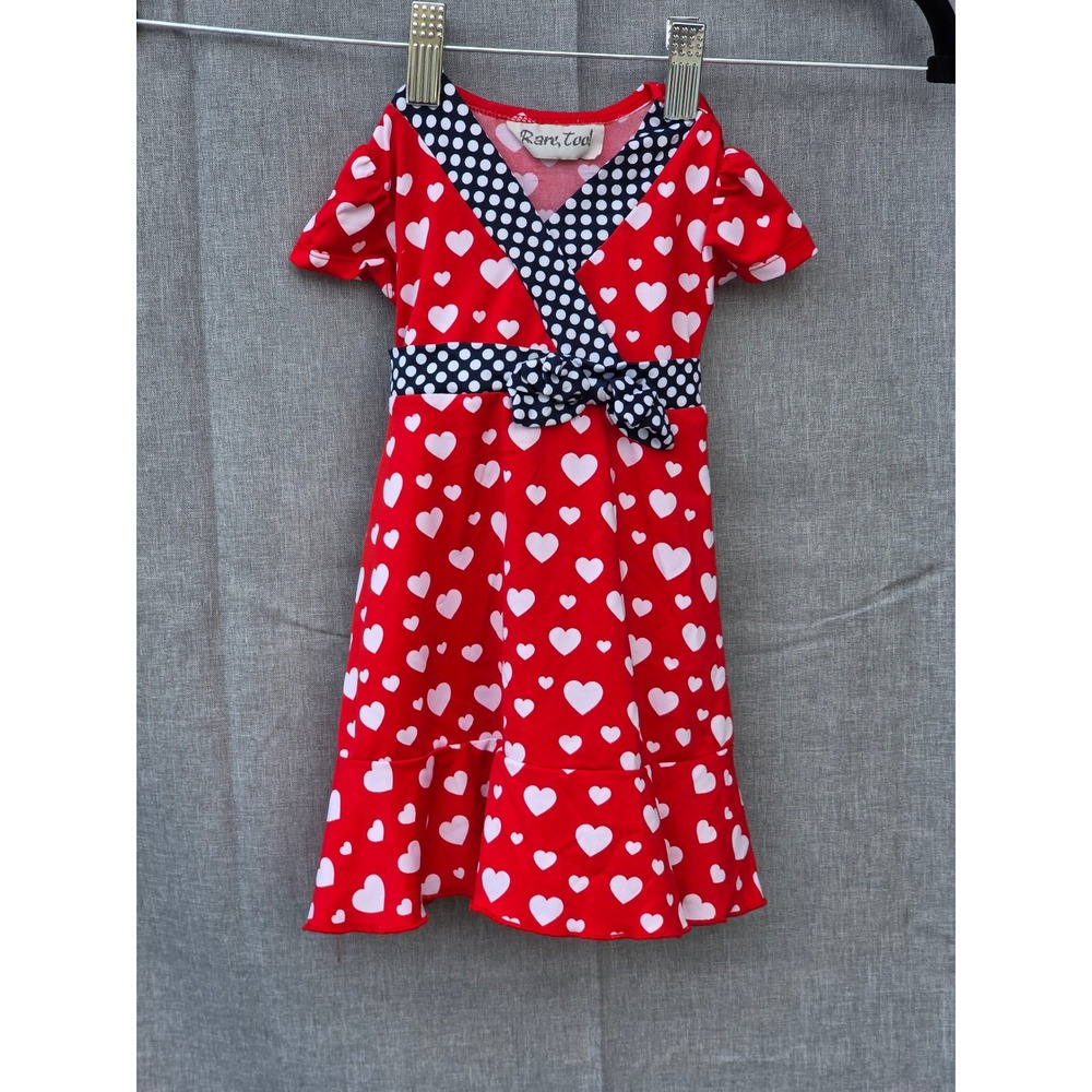 Rare Too Girls Red Heart Print Polka Dot Trim Dress 12M Short Sleeve Ruffle Hem